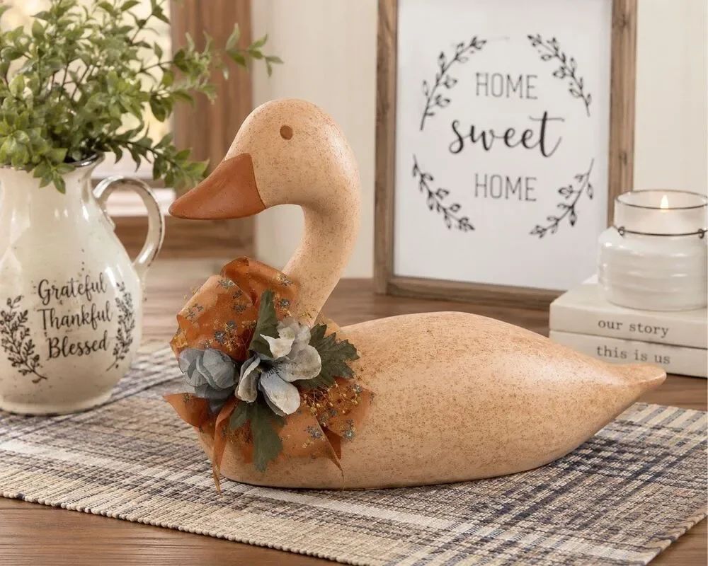 VintageâCeramic Goose Figurine Rustic Farmhouse Country Decor Floral Accent Larg